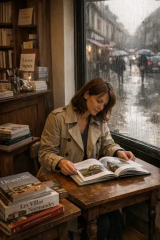 Inside a cozy Deauville bookstore, a woman browses a book near fogged windows with rain outside, surrounded by curated literary selections and soft afternoon light.