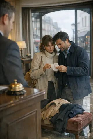 Elegant couple consulting a handwritten note in a calm hotel lobby with coats draped over a bench, diffuse daylight, and subtle reflections from the street through large windows.