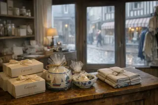 Sunlit boutique counter in Deauville with artisanal souvenirs ready for display, cobblestone street visible through windows in a calm early morning ambiance.