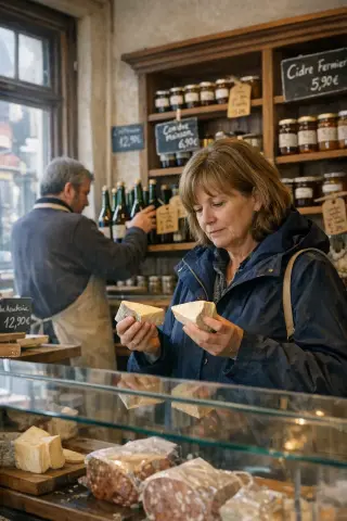 Middle-aged woman in raincoat examining cheese at the counter of a refined Deauville delicatessen, shelves lined with regional products and soft natural daylight.