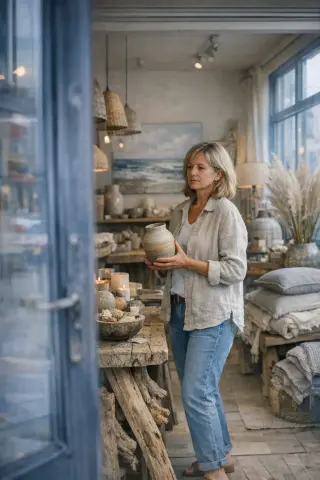 Middle-aged woman examines a ceramic vase inside a stylish Deauville concept store, seen through a glass door with cool, natural morning light and elegant decor inspired by the Normandy coast.