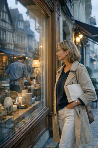 Two friends in a Deauville café, softly lit, with shopping bags and pastries on a table by a rainy window overlooking boutique façades.