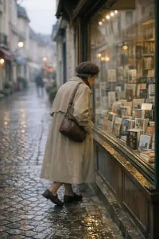 Elderly woman in a beige trench coat pausing to look into a bookshop window on a quiet, narrow cobblestone street in Deauville, with soft natural light and a slightly blurred, candid style.