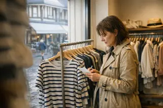 Woman in a Deauville boutique checking a handwritten list, soft morning light illuminating elegant clothing racks and a glimpse of quiet street activity through the window.