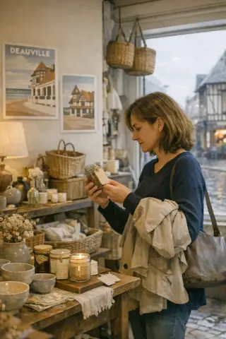 Elegant woman in a boutique browsing handmade ceramics and candles on a calm, cloudy afternoon in Deauville