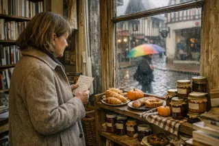 Inside a cozy Deauville bookstore in autumn, a woman checks a list near jars and pastries as rain blurs the view of cobbled street through the window