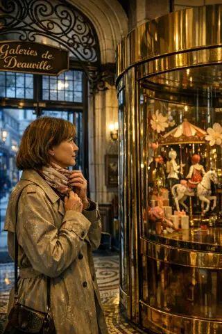 Candid scene of a woman adjusting her scarf in the foyer of a Belle Époque department store in Deauville, surrounded by elegant architectural details and reflections under soft natural light.