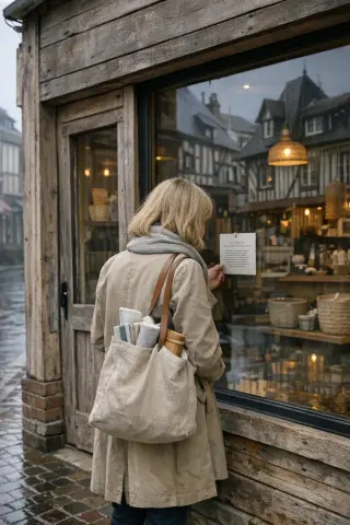 Two women browse handcrafted ceramics in a boutique near Place Morny, seen through a window on a subdued weekday morning; the atmosphere is calm, with soft natural light and a candid, reportage feel.
