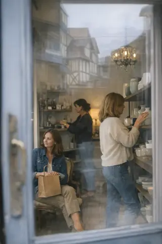 Subtle, natural photo of three women in an elegant Deauville boutique, quietly shopping and working, seen through a glass door with soft reflections and cool daylight.