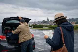 Two travelers at the trunk of a car in a quiet Deauville parking lot, overcast sky, subtle town rooftops in the background, subdued and realistic atmosphere.
