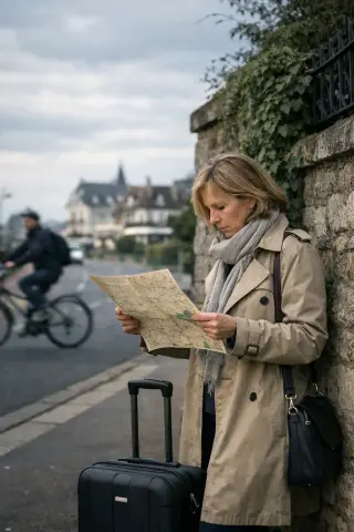 Middle-aged woman with suitcase consulting a city map beside a stone wall near Deauville train station on a quiet, cloudy day.