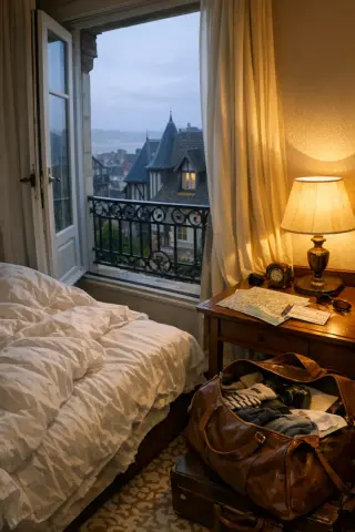 Dawn light filters into a Deauville hotel room with an unmade bed, travel bag, and city map, rooftops and cloudy sky seen through the window.