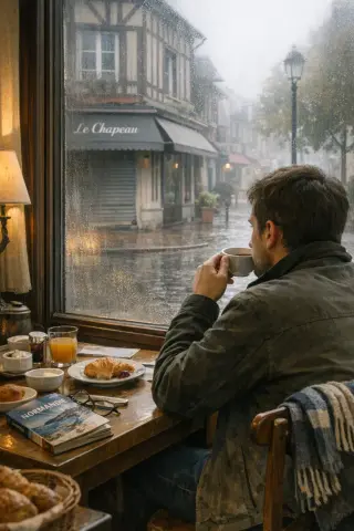 Early morning in Deauville seen from inside a guesthouse, with a single guest quietly looking out a misted window onto a calm street in soft autumn light.