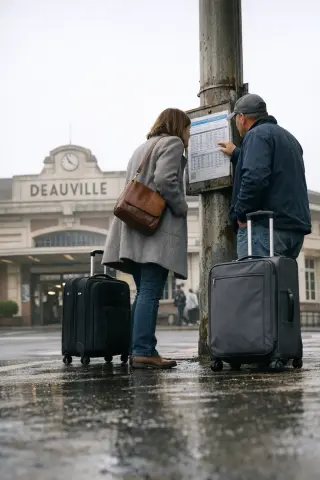 Travelers quietly consult a bus schedule outside Deauville train station on a gray morning, bags beside them and station façade in the background