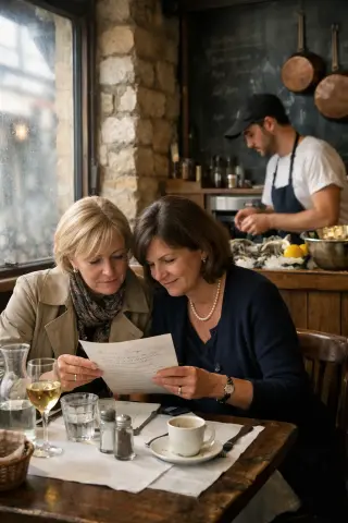 Two women at a table in a cozy bistro, quietly reading a menu as a chef prepares seafood in the softly lit background, with natural daylight and an intimate, authentic ambiance.