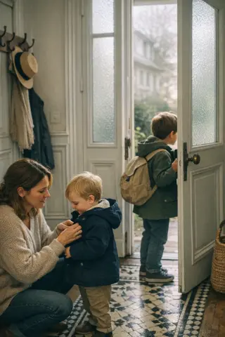 Mother helps toddler with jacket in calm, elegant guesthouse hallway as older child looks outside, morning light softly illuminating the understated interior details.