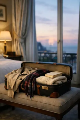 Open suitcase with clothes on a bench in a softly lit hotel room at dawn, pastel seaside sky reflected in the window, tasteful decor, no people, candid and serene atmosphere.