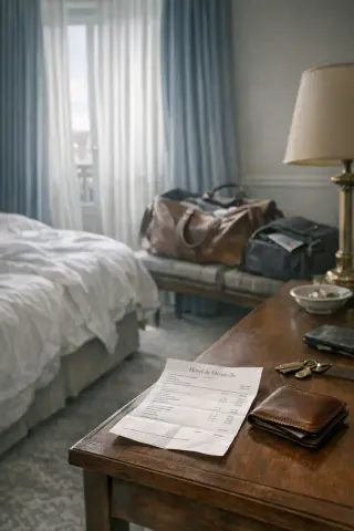 Quiet hotel room in Deauville at dawn, bed undone, faint light, travel bags, bill and wallet on a desk, understated and calm atmosphere.