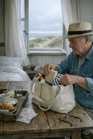 Older traveler packing a tote at a rustic table in a serene bed-and-breakfast near Deauville, morning light, open window showing dunes, calm and intimate mood.