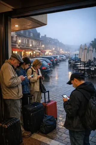 Quiet moment in a Deauville restaurant at dusk, with a couple reviewing the wine list by a window overlooking rain-slicked cobblestones, and a discreet bill beside an open menu on the table.