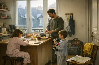 A father prepares breakfast in a softly lit Deauville apartment kitchen as two young children, one drawing and one holding a plush toy, watch him; travel bags and a map hint at upcoming family excursions.