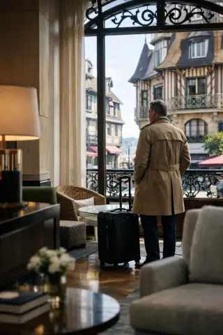 Discreetly captured scene of a man with a suitcase in a sunlit Deauville hotel lobby, observing city architecture through a window, with a blend of traditional and modern design elements.