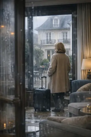 Woman in an elegant coat stands by a hotel window with suitcase, gazing at a rainy courtyard in subdued morning light, captured in a candid, natural style from behind glass.
