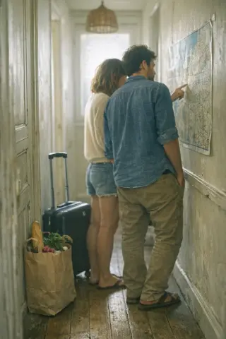 Couple quietly planning near a guesthouse hallway map with suitcase and groceries in soft coastal morning light