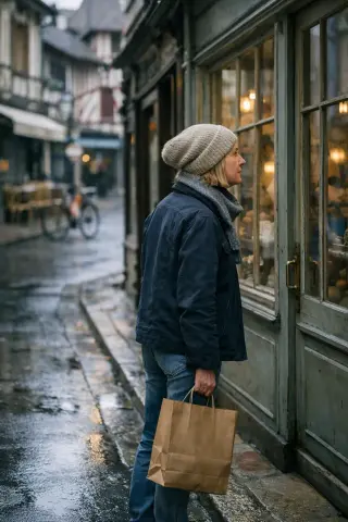 Middle-aged woman with a shopping bag pausing in a quiet Deauville backstreet, observing a vintage boutique under gentle morning light, wet pavements reflecting the understated scene.