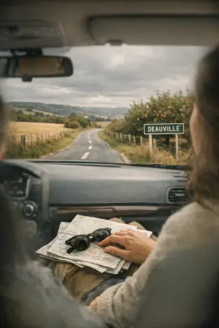 View from the back seat of a car on a country road to Deauville, hand resting on a map, autumn fields and orchards under cloudy sky.