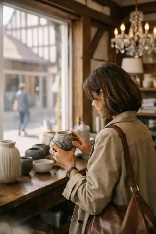 Woman in a boutique on Rue Eugène Colas inspecting ceramics in soft natural morning light, surrounded by elegant displays and Norman woodwork.