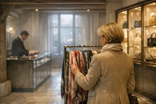 Woman browses designer scarves alone in an elegant, softly lit boutique with historic architectural details and a private, exclusive atmosphere.