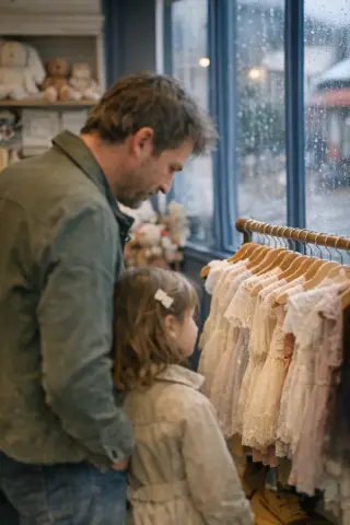 Father and daughter quietly choosing clothes in a refined Deauville children’s boutique, soft natural light, rain-speckled window in background.