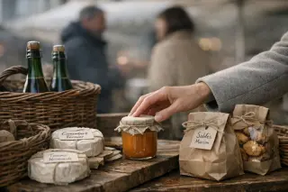 Wicker basket with Normandy cheeses, cider bottles, and sweets on a market stall table, morning light, woman's hand reaching, blurred vendor in background.